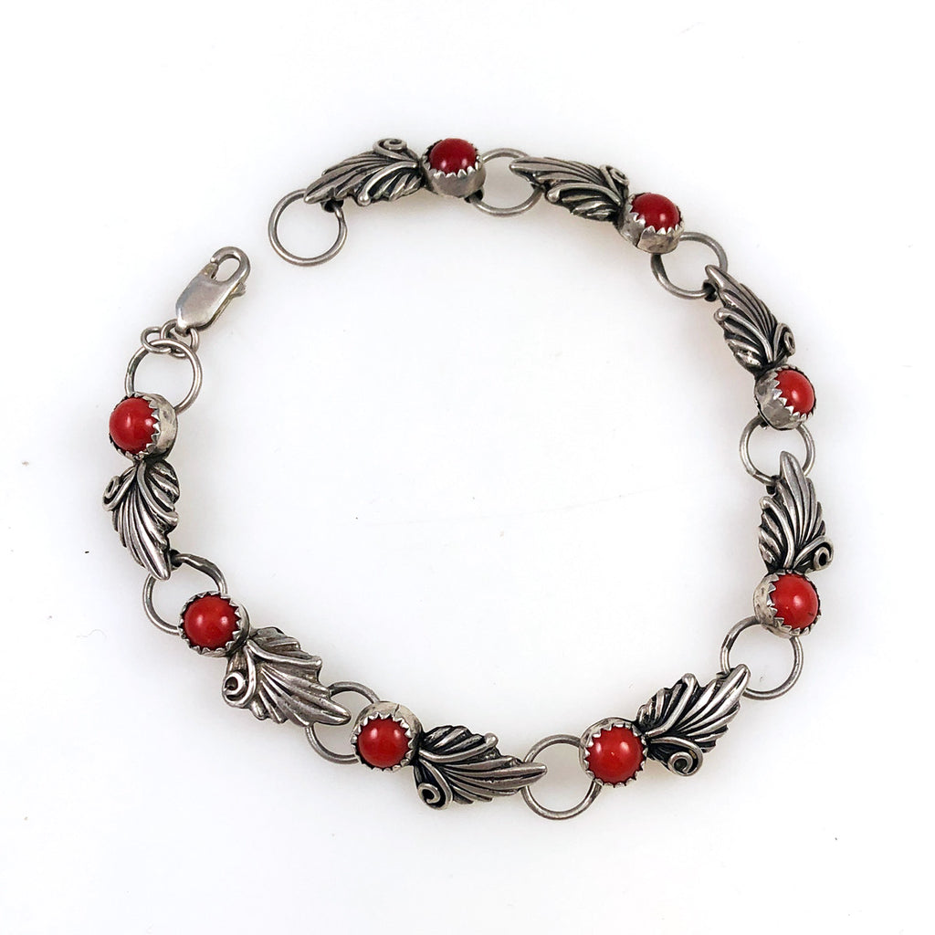 Sterling Silver Red Coral Link Bracelet Native American – Estatebeads