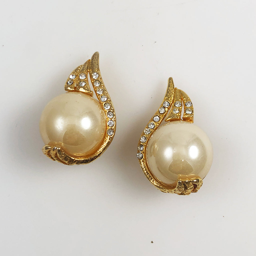 Rhinestone Pearl and Gold Earrings Clip On – Estatebeads