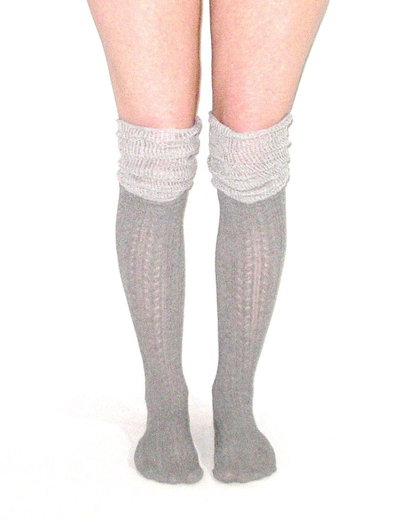 Slouch Top Boot Socks Gray Over The Knee Boho Pointelle Lace Scrunch Toppers Thigh High Knee High