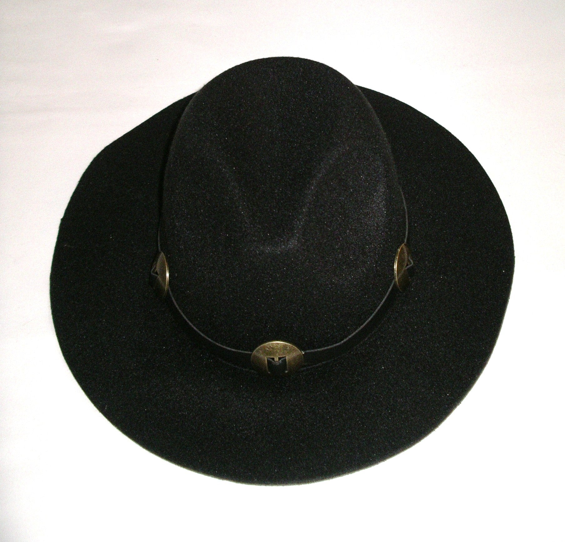 Black Panama Hat Brass Conchos Wide Brim Fedora Boho Gypsy Cap Felt Festival Favorite Southwestern F