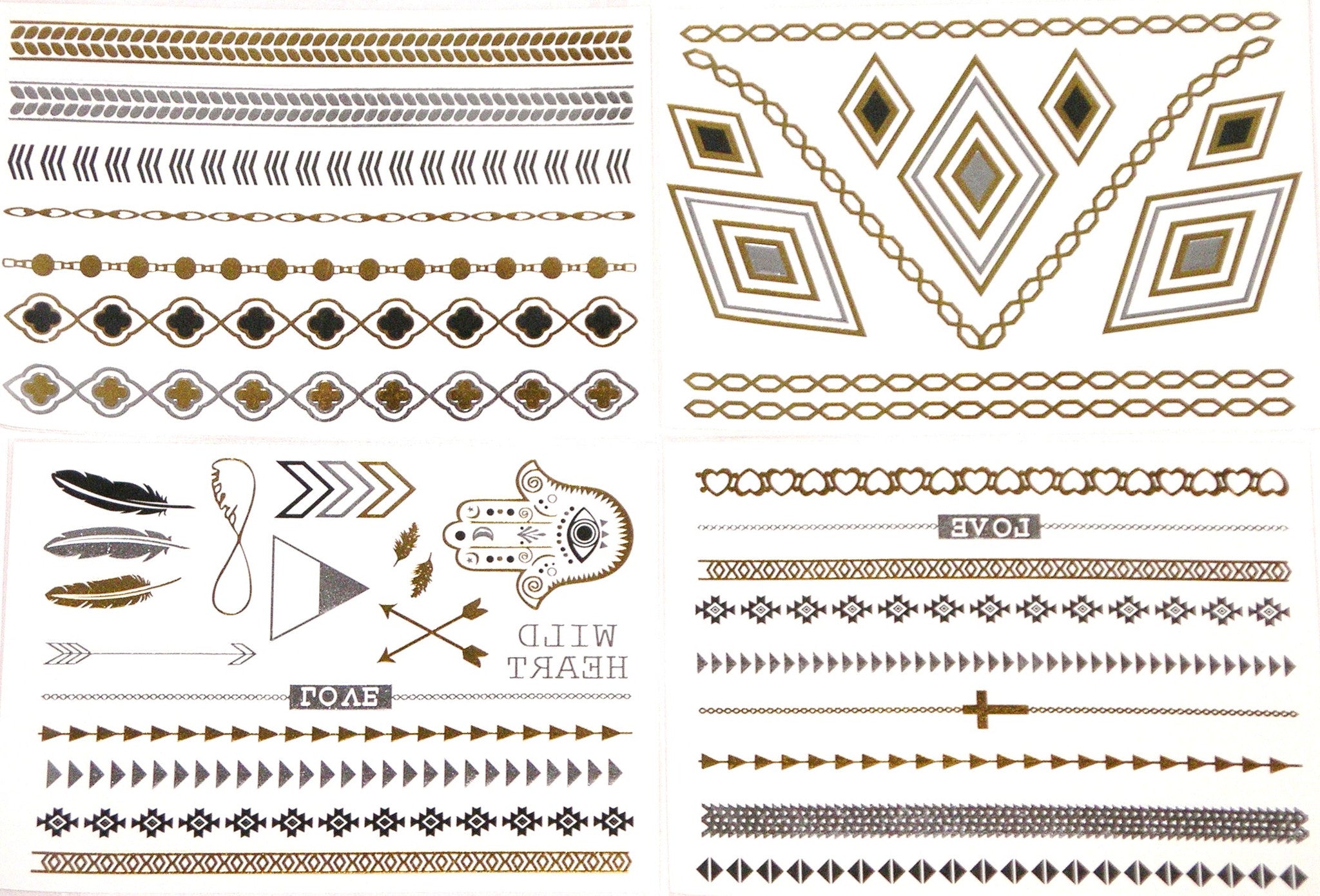 Metallic Temporary Tattoos Four Sheets Boho Hamsa Arrows Feathers Hearts Cross Necklace Bracelet Upp