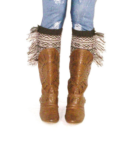Aztec Boho Boot Cuffs With Fringe Brown 