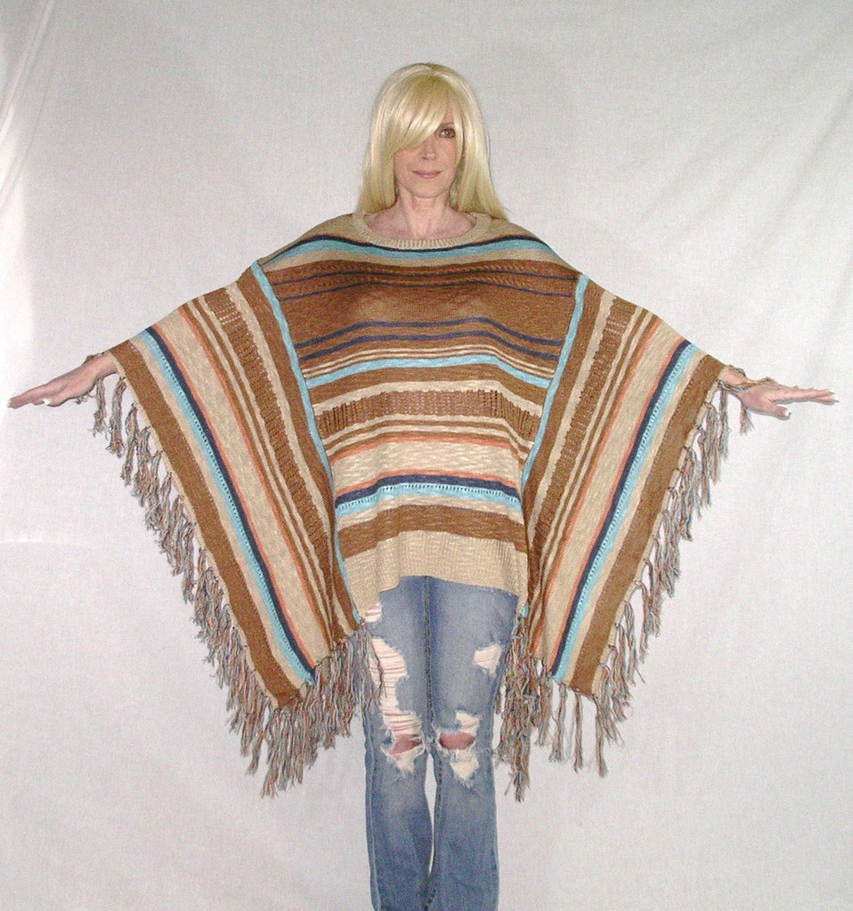 SALE 50 OFF Mexican Blanket Poncho Boho Sweater With Fringe Brown Tan Made4Walkin