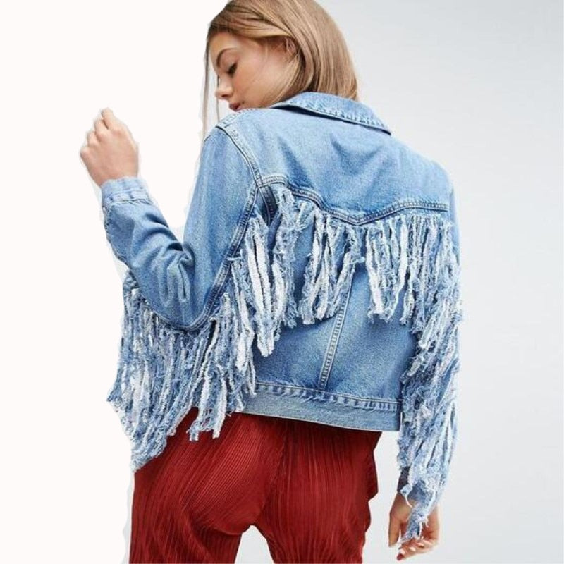 Jean Jacket With Fringed Sleeves Faded Denim Front Pockets Destroyed Fringe Boho Festival Concert Co