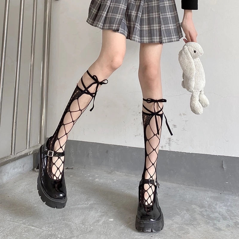 Lace Up Socks Black Or White You Choose Pointelle Lace Knee High Lolit ...