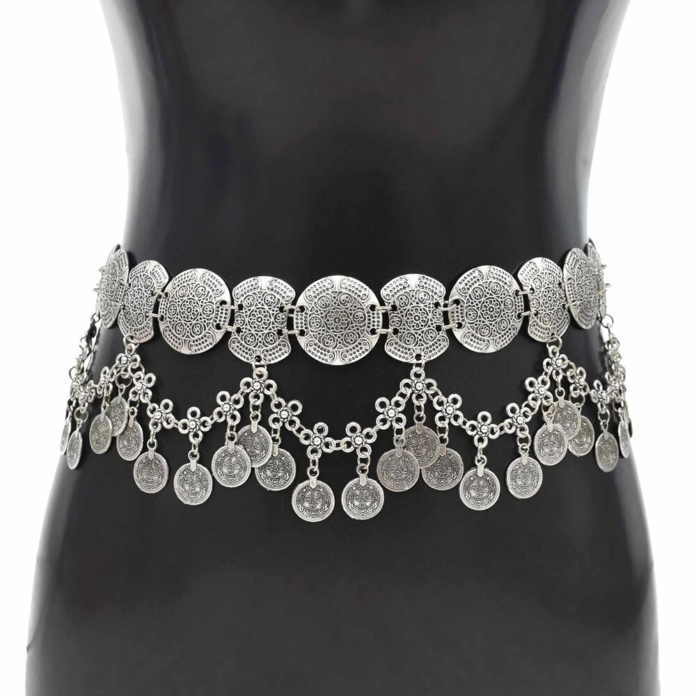 Gypsy Coins Belt Round Silver Circles With Scalloped Chain Dangles Belly Dancer Statement Piece Bell