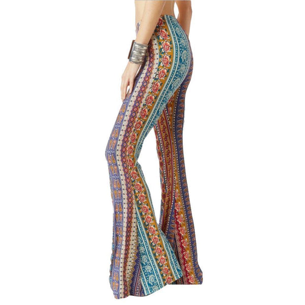 Bell Bottoms Bohemian Print Comfy Stretch Pants Groovy Colors Orange T ...