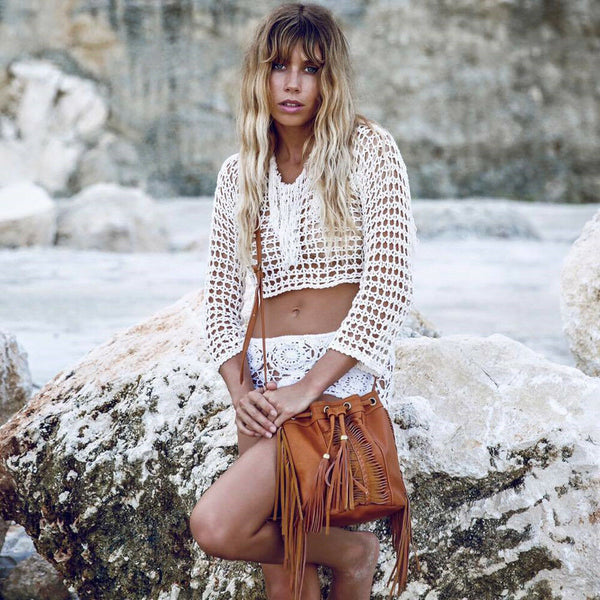 White Crochet Fringe Top Boho Long Sleeve Fishnet Weave Crop Top Beach ...