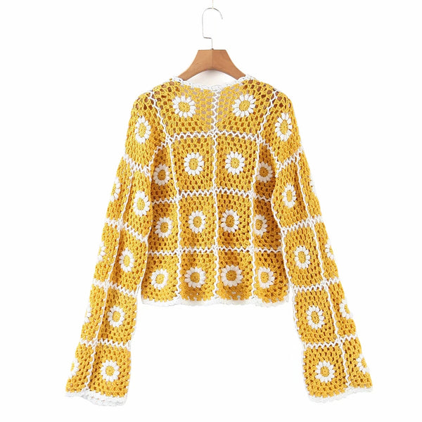 Daisy Squares Crochet Sweater Jacket Boho Sunny Flowers Cardigan Yello ...