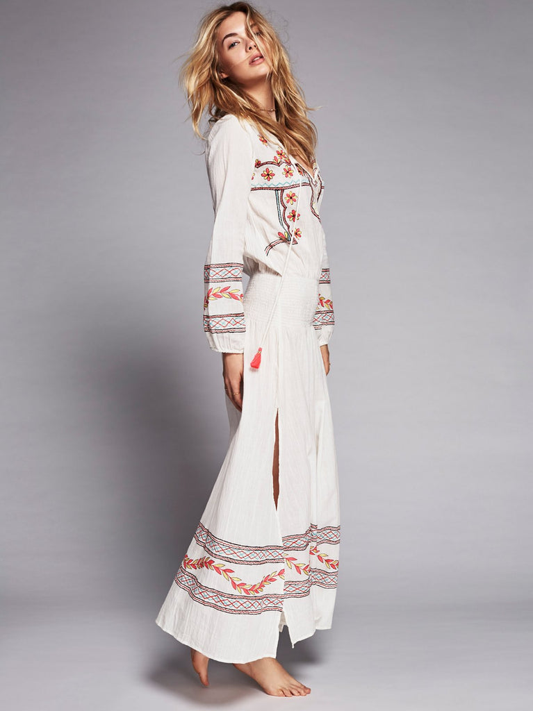 Embroidered Boho Maxi Dress  Mystical White With Colorful 
