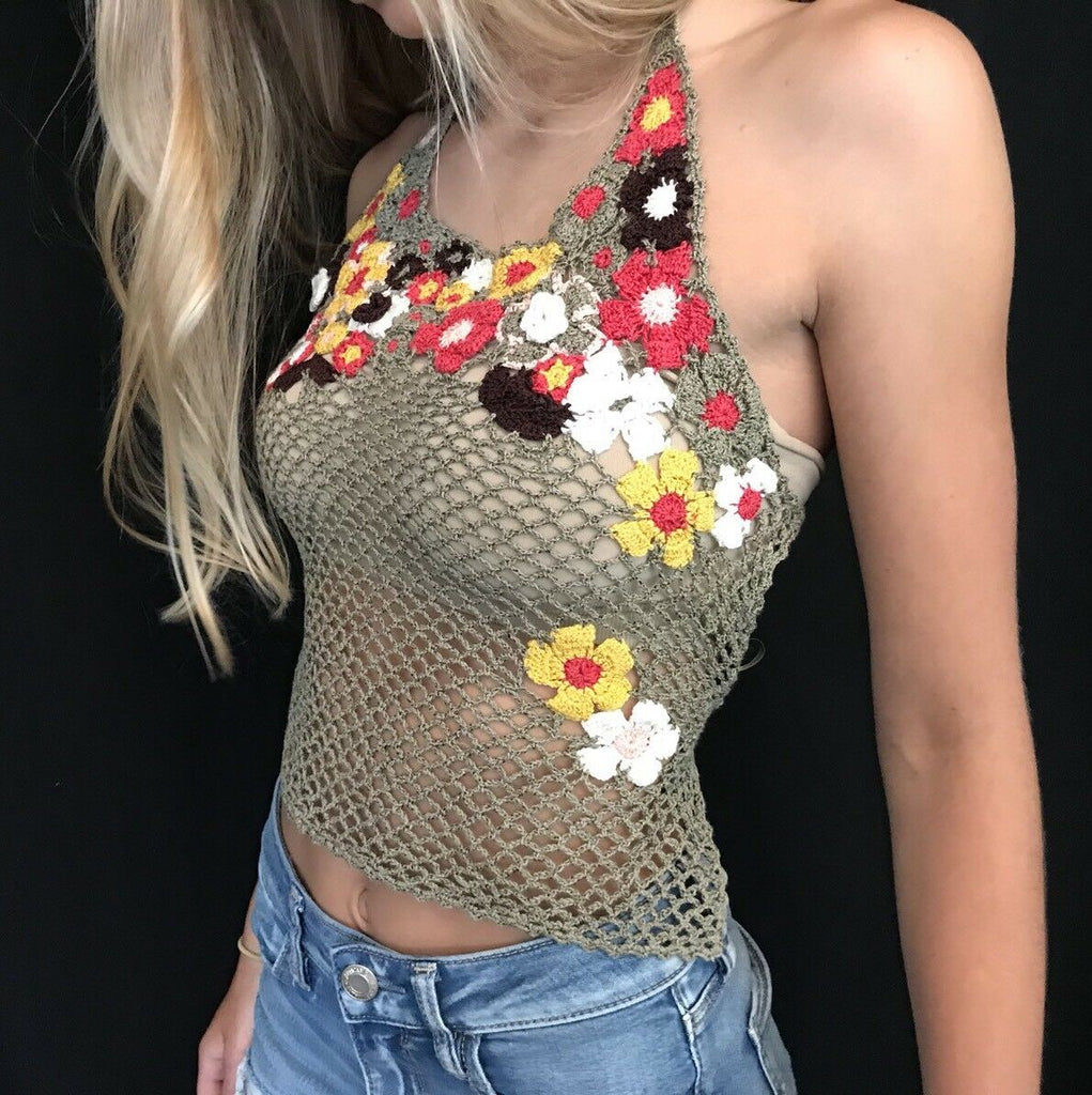 Fishnet Halter  Top  With Crochet  Flowers By Guess Jeans 