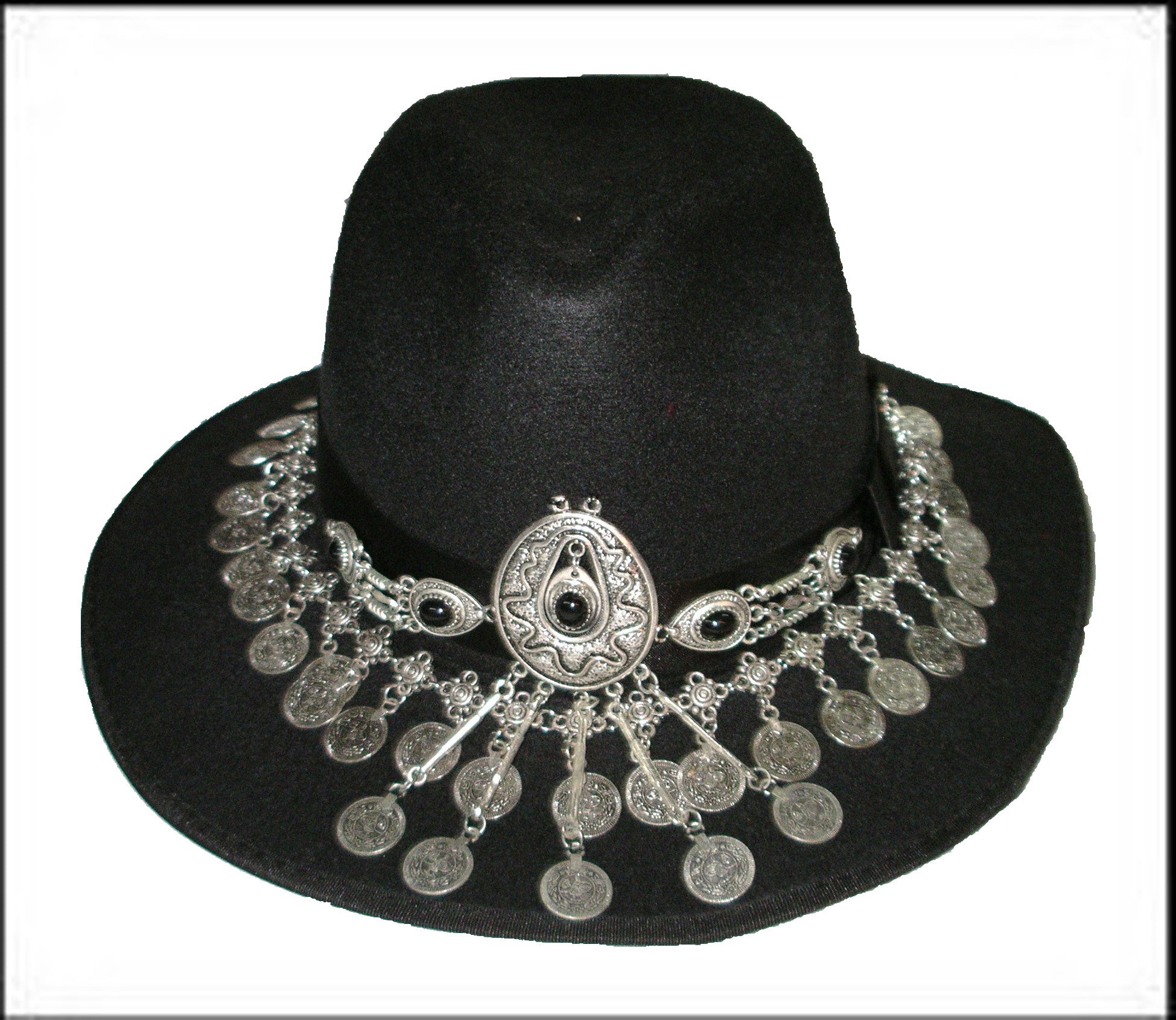 Gypsy Hat Black Boho Fedora With Gipsy Coin Jewelry Decoration Handmade One Size