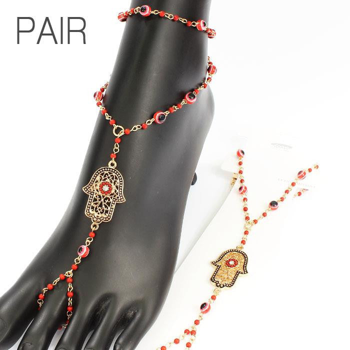 Hamsa Barefoot Sandals Red Gold Beaded Beach Jewelry Toe Ring Ankle Bracelet Protection From The Evi