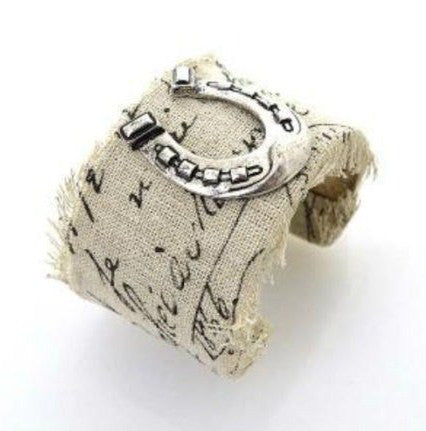 Burlap Silver Horseshoe Bracelet Boho Wide Cuff Western Cowgirl Horse Lovers Jewelry Beige Fabric Wi