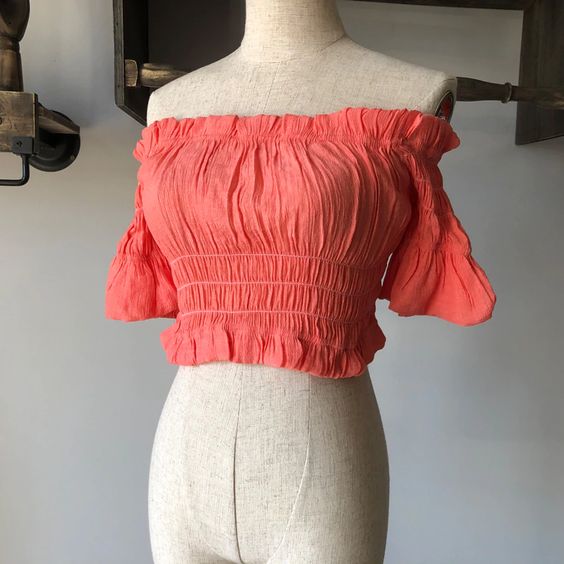 Peasant Crop Top In 5 Colors Off The Shoulder Smocked Short Ruffle Sleeves Pirate Wench Beach Blouse Coral Watermelon Pink Beige Tan Khaki White Sky Mint Blue Or Army Lake Green One Size