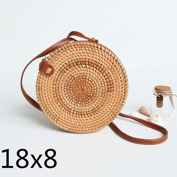 Round Rattan Straw Bag Crossbody Canteen Beach Purse Boho Bohemian Han ...