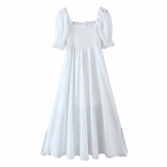 Boho Midi Dress White Puff Sleeves Smocked Bust Square Neck Breezy Cot ...