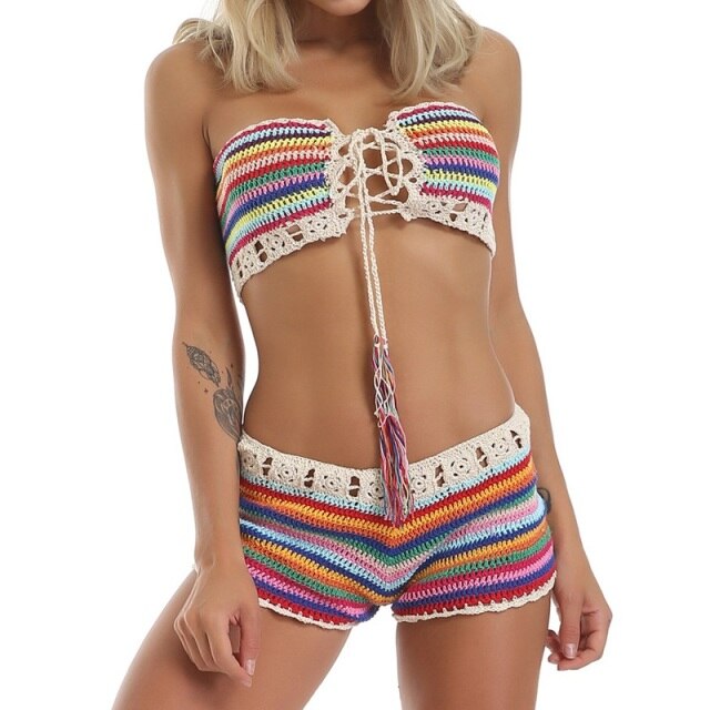 Spice Road Crochet Shorts Set Lace Up Tube Top Multi Striped Bikini Festival Outfit Spice Color Or C