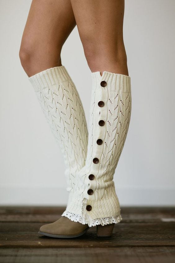 Cable Knit Leg Warmers Off White Boho Legwarmers With Wood Buttons Cre