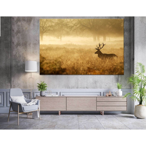 Silhouette of a red deer stag in the mist №04140 Ready to Hang Canvas Print