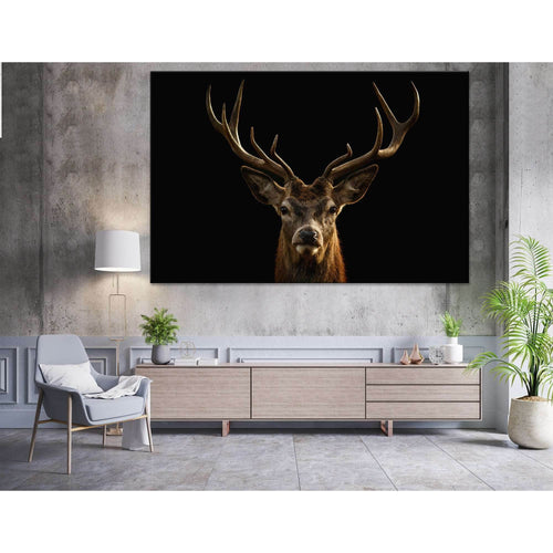 Red deer portrait on black background №04139 Ready to Hang Canvas Print