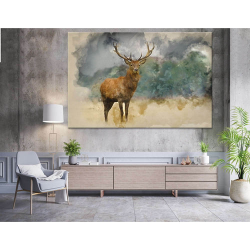 Watercolor painting of majestic red deer stag in Autumn Fall forest №04141 Ready to Hang Canvas Print