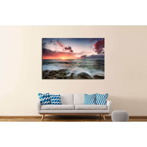 A cloudy sunset as waves crash over rocks №2823 Ready to Hang Canvas Print