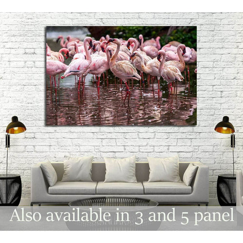 A flock of pink flamingos and reflection in the water №2795 Ready to Hang Canvas Print