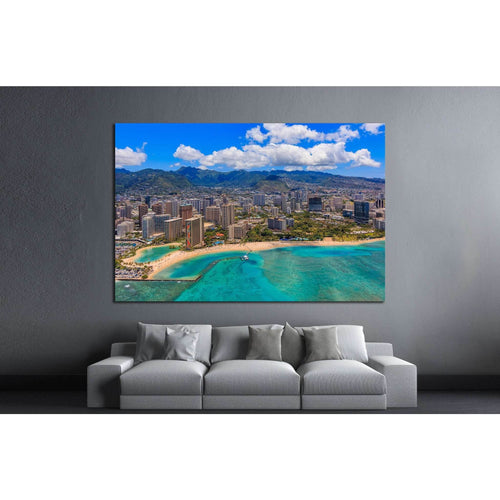 Aerial view of Waikiki Beach in Honolulu Hawaii from a helicopter №1754 Ready to Hang Canvas Print