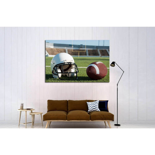 American football and helmet on field with goal post in background №2113 Ready to Hang Canvas Print