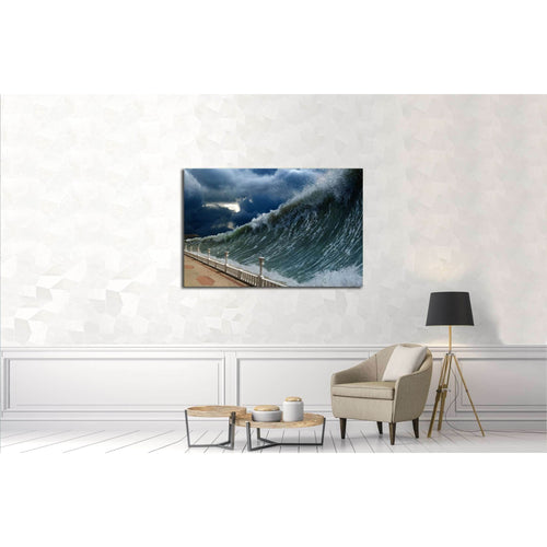 Apocalyptic dramatic background - giant tsunami waves, dark stormy sky №3126 Ready to Hang Canvas Print