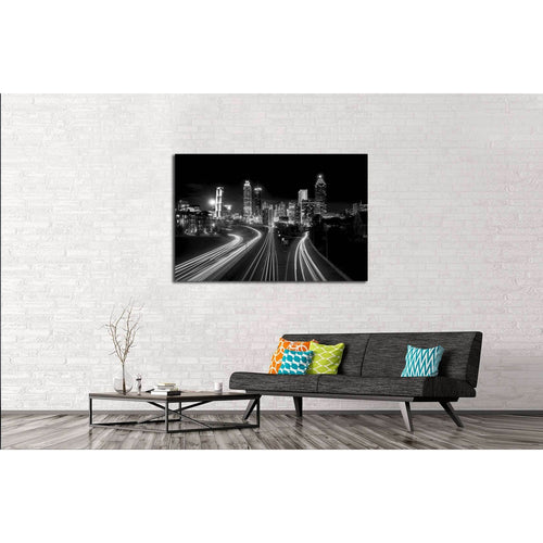 Atlanta Skyline at night, high contrast black and white with light trails №2947 Ready to Hang Canvas Print