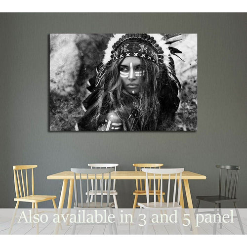Attractive young woman in chieftain. Black and white portrait. Indian style №2769 Ready to Hang Canvas Print