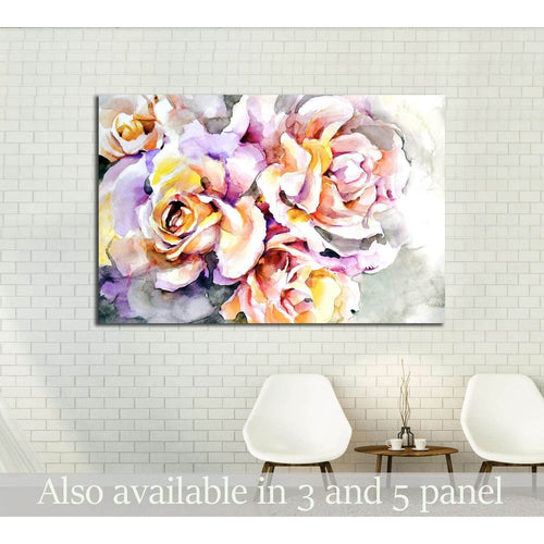 Beautiful flowers - Delicate yellow and pink roses on gray and blue background №2561 Ready to Hang Canvas Print