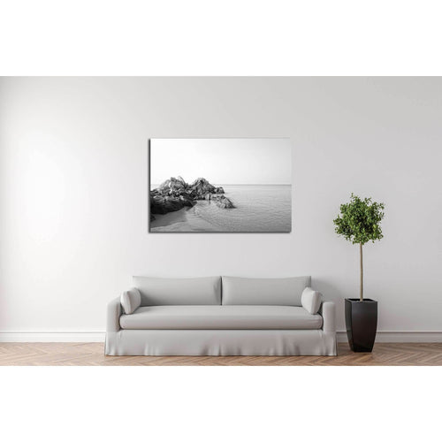Beautiful long exposure shot of seascape with unique rock seaside in black and white №3146 Ready to Hang Canvas Print
