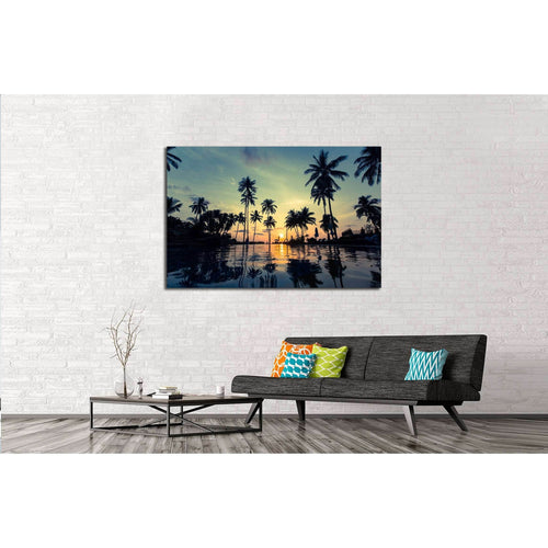 Beautiful sunset on a tropical beach with palm trees reflection in the water №3106 Ready to Hang Canvas Print