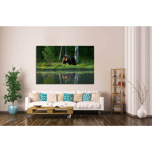 Big brown bear walking around lake №1329 Ready to Hang Canvas Print