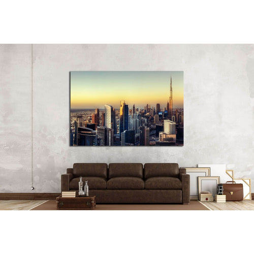 Big futuristic city at colorful sunset. Fantastic skyline of Dubai, UAE №3046 Ready to Hang Canvas Print