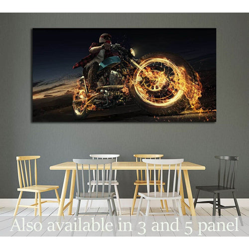 Biker riding motorcycle on an empty road at the night. Fire and energy №1879 Ready to Hang Canvas Print