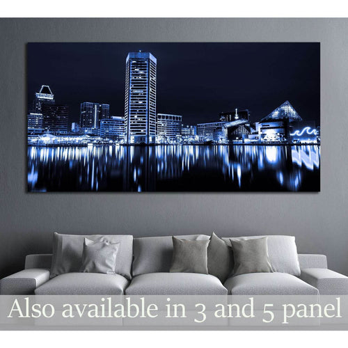 Black and white image of the Baltimore Inner Harbor Skyline at night №2151 Ready to Hang Canvas Print