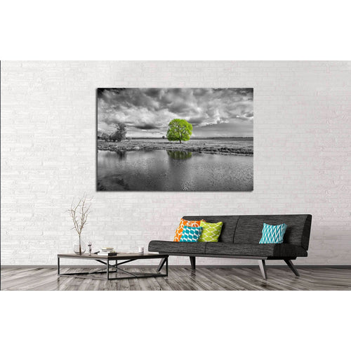 black and white landscape and green tree №2678 Ready to Hang Canvas Print