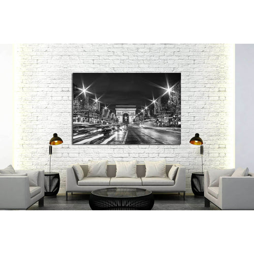 Black and White Paris Evening traffic on Champs-Elysees in front of Arc de Triomphe №2650 Ready to Hang Canvas Print