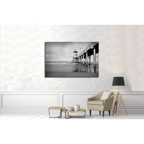 black and white photo of ocean pier with small waves №3209 Ready to Hang Canvas Print