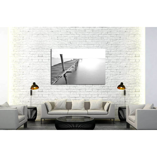 black and white picture of old bridge to the sea №3123 Ready to Hang Canvas Print