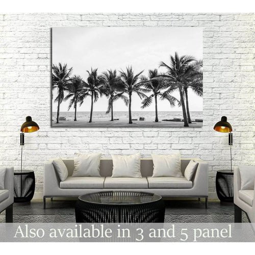 Black & White view of Beautiful beach with palms, Thailand №2848 Ready to Hang Canvas Print