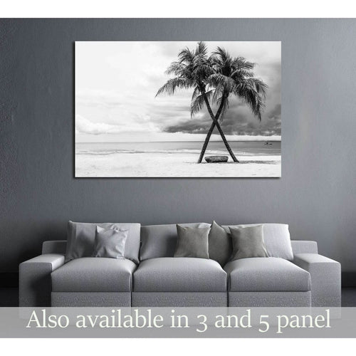 Black & White view of Beautiful beach with palms, Thailand №2863 Ready to Hang Canvas Print