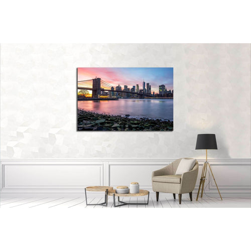Brooklyn Bridge and Downtown Manhattan view from Brooklyn Bridge Park at sunset №2941 Ready to Hang Canvas Print