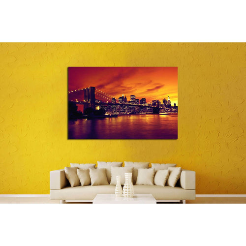 Brooklyn Bridge and Manhattan at sunset, New York, orange tone №2633 Ready to Hang Canvas Print