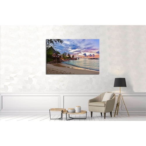 Cafe on Seychelles tropical beach at sunset - nature backgroun №3131 Ready to Hang Canvas Print