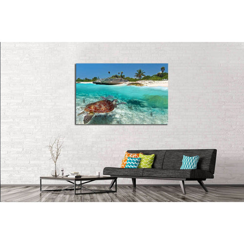 Caribbean Sea scenery with green turtle in Mexico №2502 Ready to Hang Canvas Print